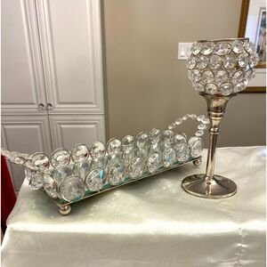 EUC Mirrored Tray with Handles and Crystals and Tall Round Crystal Votive Holder